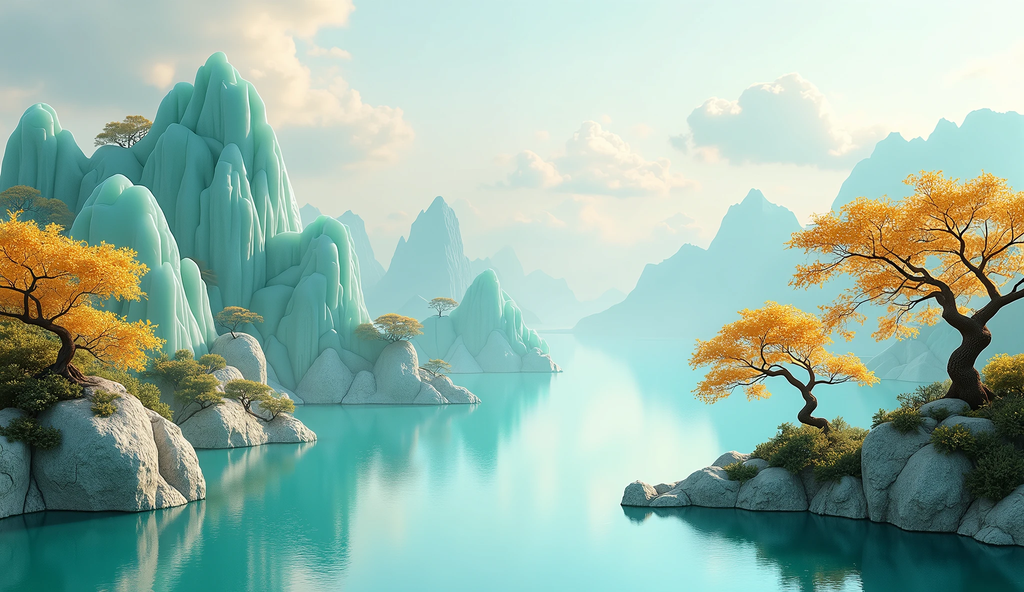 Gold inlaid jade carving, ultra wide shot, soft lines, flowing lines, Chinese landscape painting, white jade mountains, bright cyan jade mountains, golden trees, floating clouds, top lighting, bright, crystal glass texture, minimalist