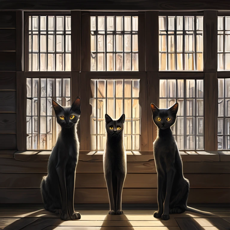 Realistic illustration showing two young anthropomorphic feline creatures standing side by side inside an old, abandoned wooden house. One is a sleek white feline with smooth, elegant fur and glowing yellow eyes, while the other is a black feline with a similar sleek fur texture and glowing eyes. Both have a child-like stature but exude an air of precision and determination. They stand in a confident pose, ready to follow orders. The atmosphere is eerie and tense, with shadows filling the room, and the soft glow of moonlight streaming through the windows, highlighting their forms. They are surrounded by androgynous feline aliens who are giving them t