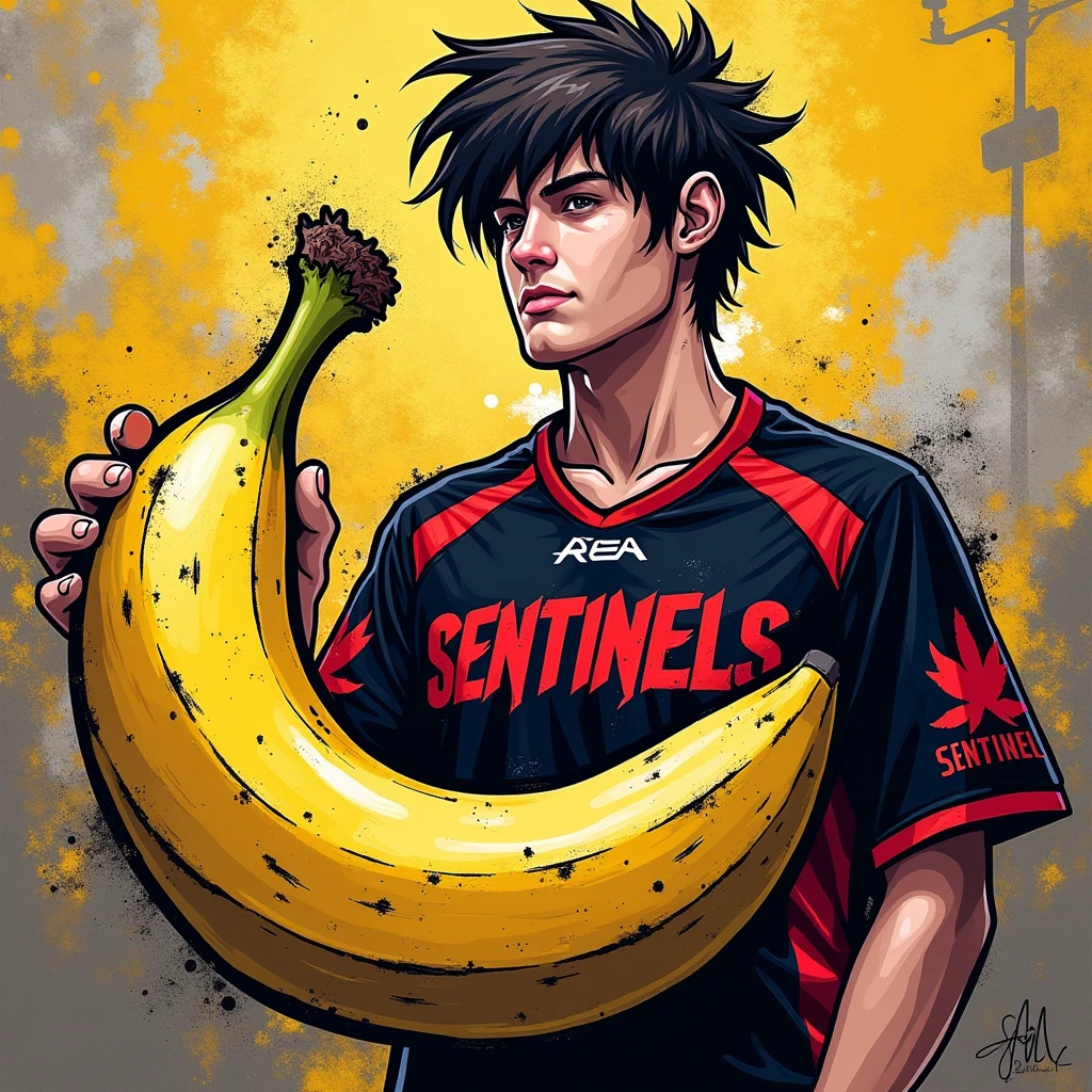 Create a vibrant image in graffiti style where the central object is shaped like a banana. Instead of traditional graffiti, I want the ‘banana’ to be stylized with the hair of esports pro TenZ and the Sentinels team jersey. The hair should replicate TenZ's signature hairstyle, and the shirt should prominently display the Sentinels team logo and colors (red, black and white).