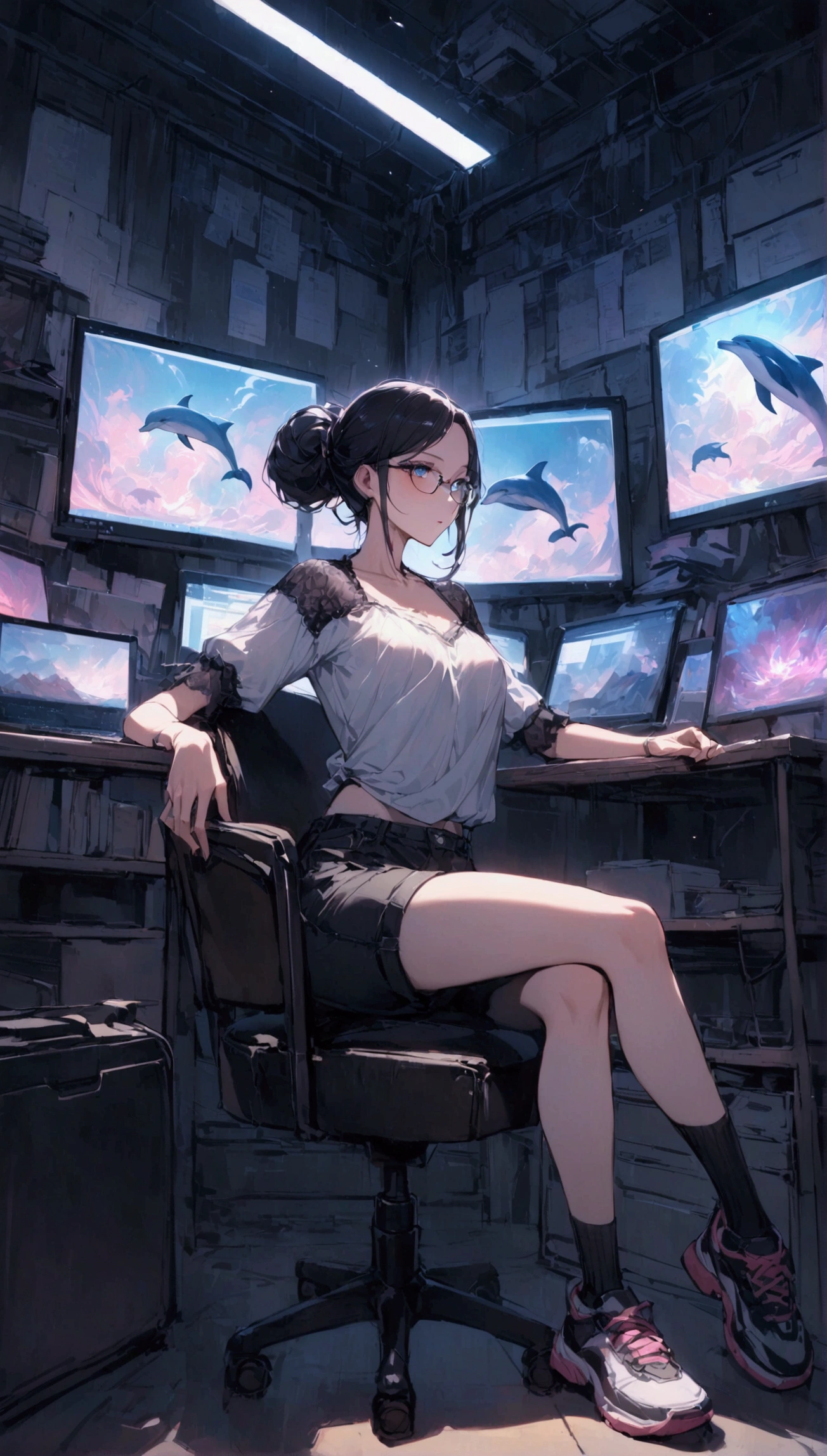 {{masterpiece}}, {{{Highest quality}}},{{Very detailed}}{{female martial artist}}, {{Very slim legs:1.2}},slim body,sit on a chair,Woman with glasses working on an illustration in the computer room,Loose-fitting lace-patterned short sleeves blouse,dolphin shorts,Sneakers Short Socks,clavicle,computer room