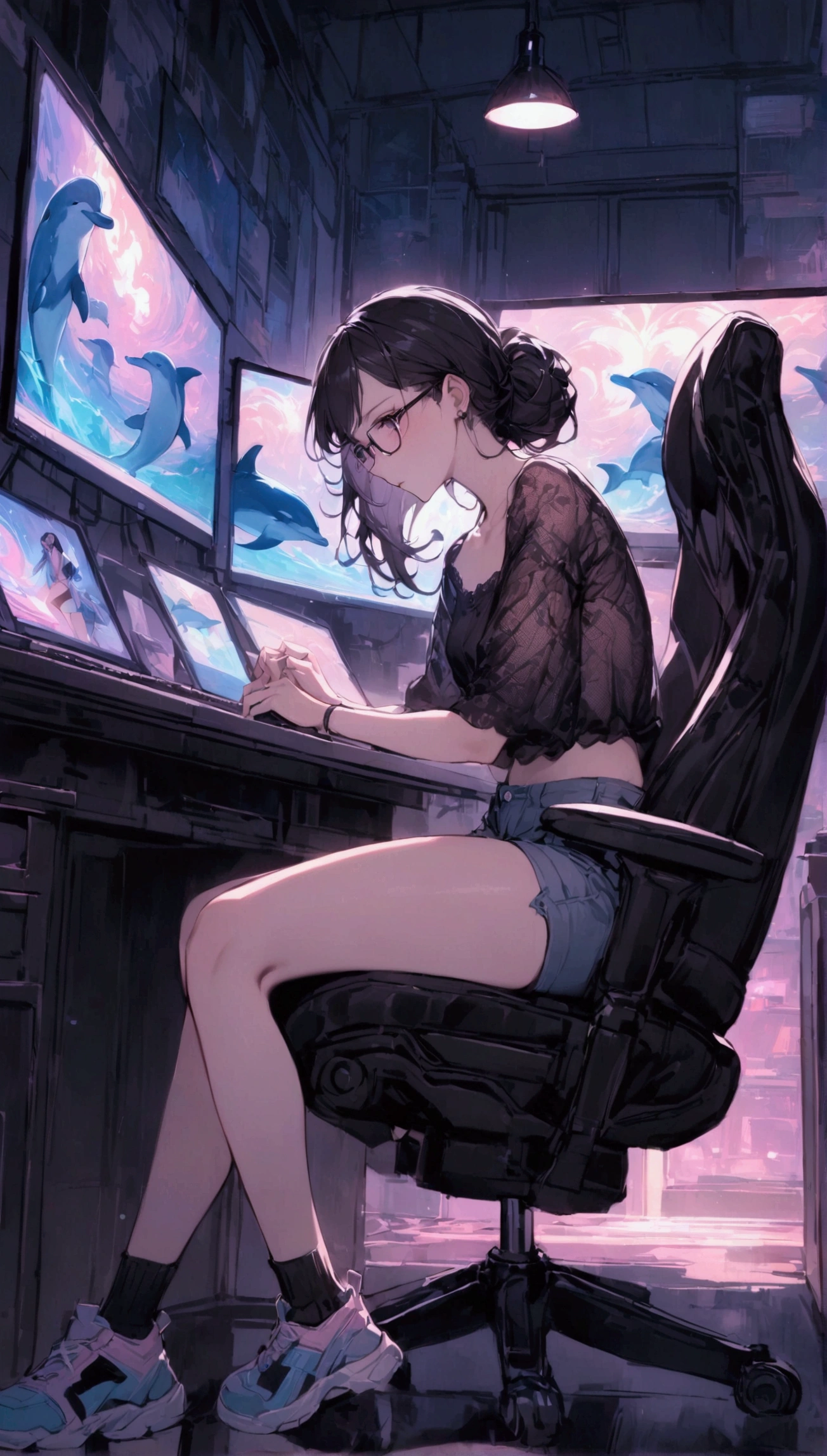 {{masterpiece}}, {{{Highest quality}}},{{Very detailed}}{{female martial artist}}, {{Very slim legs:1.2}},slim body,sit on a chair,Woman with glasses working on an illustration in the computer room,Loose-fitting lace-patterned short sleeves blouse,dolphin shorts,Sneakers Short Socks,clavicle,computer room