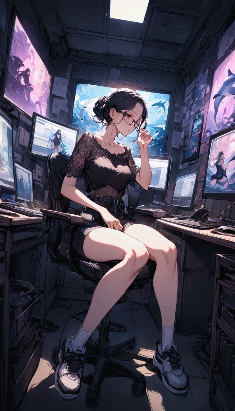 {{masterpiece}}, {{{Highest quality}}},{{Very detailed}}{{female martial artist}}, {{Very slim legs:1.2}},slim body,sit on a chair,Woman with glasses working on an illustration in the computer room,Loose-fitting lace-patterned short sleeves blouse,dolphin shorts,Sneakers Short Socks,clavicle,computer room