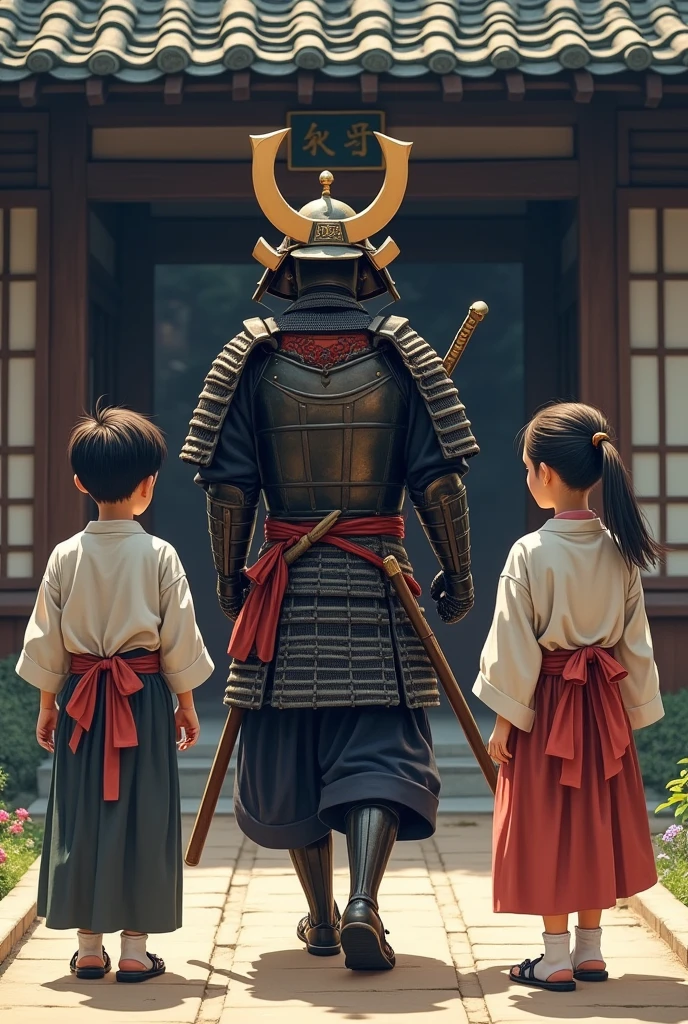 During the Sengoku period in Japan, a man wearing armor and carrying a sword and spear walks out of a samurai residence. The man wears a crescent-shaped helmet on top of his armor. Three children stand behind the man and watch. Two of the men are wearing hakama, and one woman is wearing a kimono. It is a touching scene in which the children see off their father as he heads off to battle with mixed emotions of worry and anticipation.