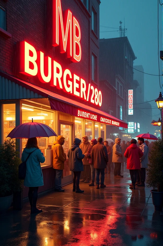 Background: A big burger Company name is "MB",30 People crowed around the burger company.
Scenery: The picture is after raining.