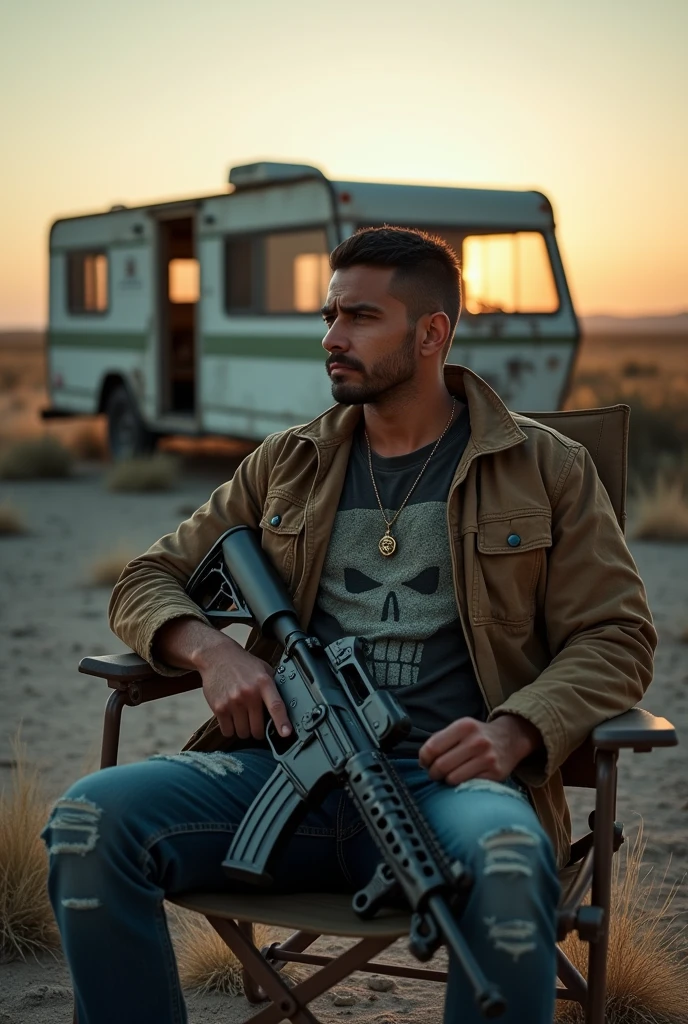 Create a character who is a former military man, ravaged by a zombie apocalypse, but not too realistic. He should appear to be 32 years old and have a more Latino look. He should wear less military clothing and more civilian clothing. He should wear his military dog tag around his neck. Now place him outside of a camper, sitting in a chair, with an unmodified M4 and a holographic sight.