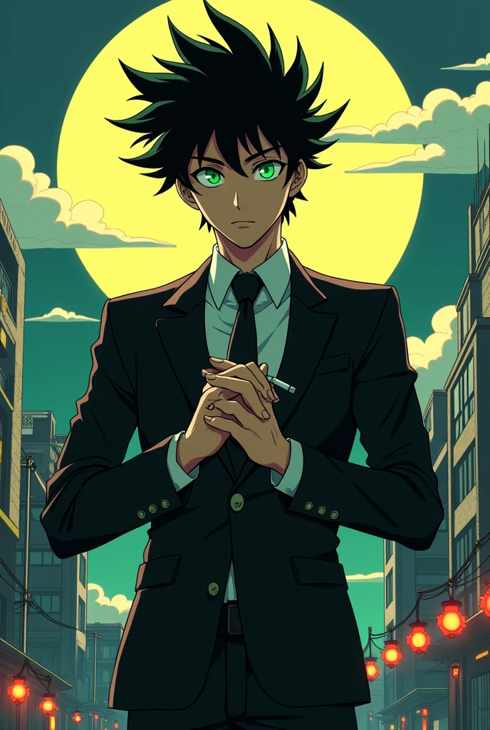 A man in a black suit and black tie is standing with his hands clasped., spike spiegel, with index finger, Yukio-e, JUJUTSU KAİSEN, Otaku de Ganga, Gendo Ikari smoking a joint, killua zoldyck black hair, beautiful anime pose, aramaki Shinji, activate anime art style with green eyes
