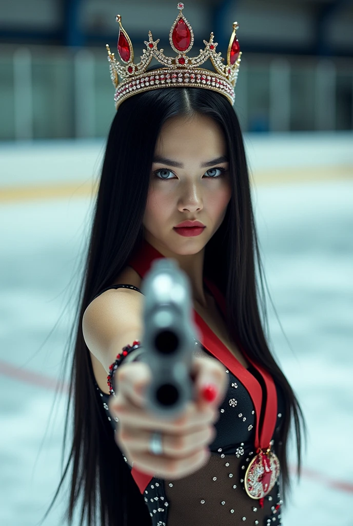18-year-old American girl with long straight black hair, BIG BLUE EYES, white skin ,skating on an ice skating rink, with a shiny mesh and a crown with red stones with a challenging and haughty look, clear blue eyes with a gun in her hand pointing with splashes of blood and a trophy on the ice and a medal on her neck and a red wedding ring on her finger