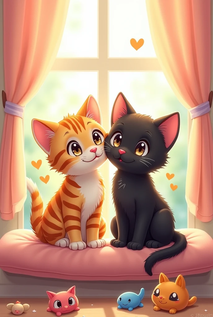 Two kittens, one tabby and one black, are sitting by the window, looking out. They are drawn in a manga style and are best friends. They are in a cute room. The cat's back, big eyes, and a heartwarming smile are drawn beautifully down to the details. It's adorable.