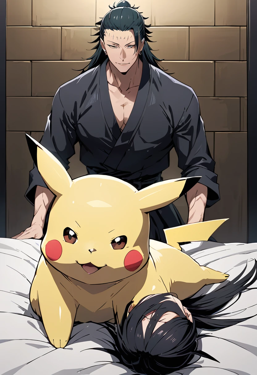 (masterpiece, best quality),Scene where getou suguru(from jujutsu kaisen,black long hair) and pikachu face off,