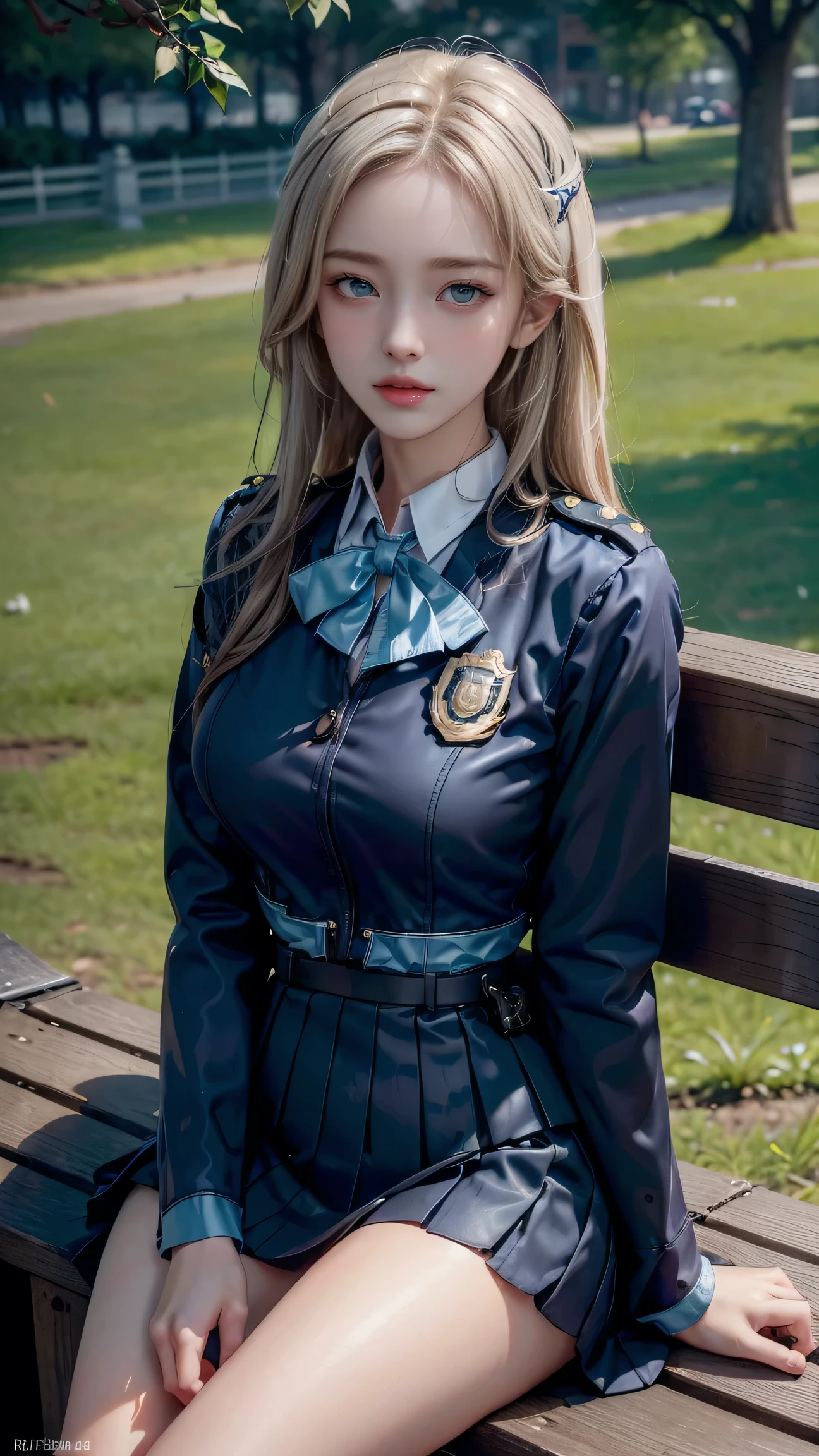 ((Policewoman sitting on a park bench)),Highest quality work,Live-action work,Ultra Premium Graphics,8K HD CG Works,High Quality Graphics,High-definition CG works,10x pixels,Ultra-fine detail：1.1,High level of technical detail：1.1 Photorealistic,Natural light：1.5. Lighting Effects（バーチャルLighting Effects：1． 8）、（Golden White Shorthair）、（Bob Hair）、Thin eyebrows、High nose、Nice red lips、Rose Cheek、Casual makeup face、Cute Face、Perfectly balanced face、Light-toned foundation。 A foundation that enhances the transparency of your skin。 ((female officer:1.5)),((Navy blue jacket with emblem on chest)),((Semi-transparent light blue blouse)),((Navy blue tight skirt))。40k, photograph, On the table, Highest quality, Rain Background, ((1.A girl with beautiful eyes and light hair, White skin, Mr.A Pose.((Medium chest::1.1)), Highest quality, On the table, Ultra-high resolution, (Real::1.4), RAWphotograph, (Perfect figure)