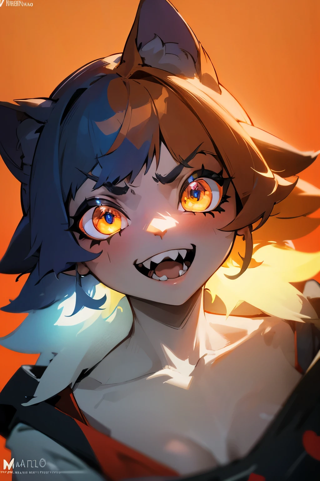 master masterpiece, 4k, highly detailed, HDR, subsurface scattering, cinematic light, (beautiful detailed eyes:1.6), extremely detailed face, 1 girl, cat ears, meowskulls, short hair, messy hair, multicolor hair, goth robe, robe, calico cat fur, Neko, vitiligo, neon ambar eyes, swirling pupils, multicolor skin, sharp teeth, large smile, Clear focus,hard lighting,vivd colour