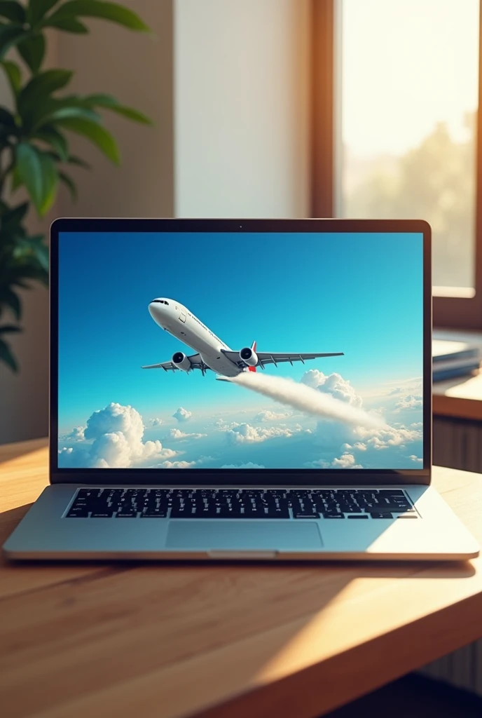Create a laptop that has a plane as the wallpaper, The image is not animated