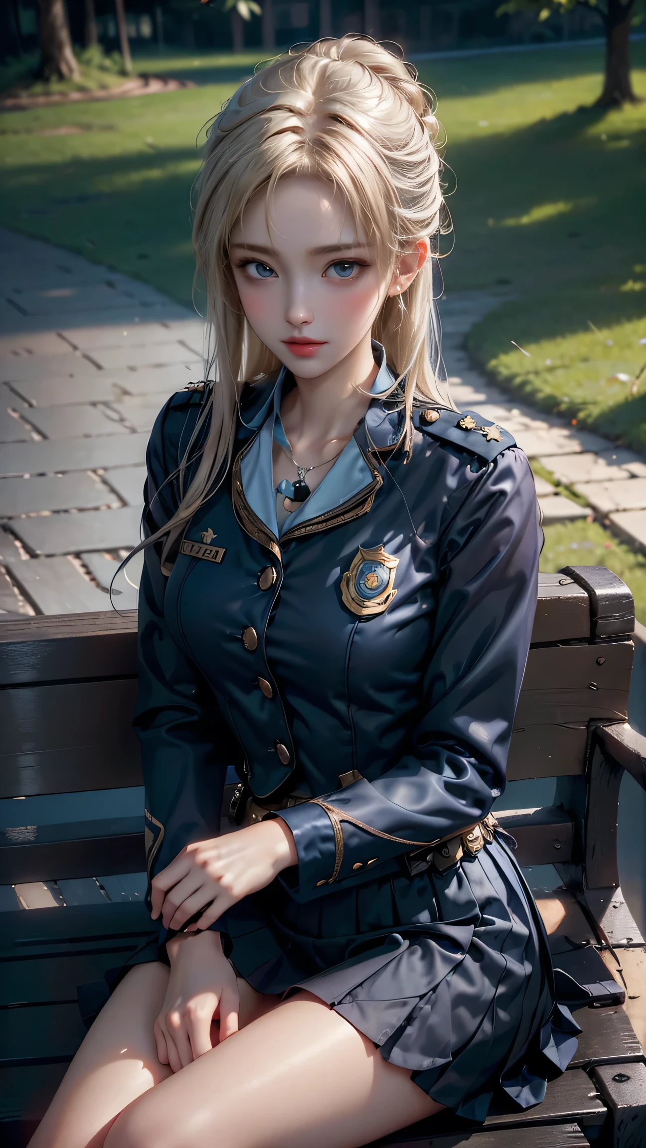 ((Policewoman sitting on a park bench)),Highest quality work,Live-action work,Ultra Premium Graphics,8K HD CG Works,High Quality Graphics,High-definition CG works,10x pixels,Ultra-fine detail：1.1,High level of technical detail：1.1 Photorealistic,Natural light：1.5. Lighting Effects（バーチャルLighting Effects：1． 8）、（Golden White Shorthair）、（Bob Hair）、Thin eyebrows、High nose、Nice red lips、Rose Cheek、Casual makeup face、Cute Face、Perfectly balanced face、Light-toned foundation。 A foundation that enhances the transparency of your skin。 ((female officer:1.5)),((Navy blue jacket with emblem on chest)),((Semi-transparent light blue blouse)),((Navy blue tight skirt))。40k, photograph, On the table, Highest quality, Rain Background, ((1.A girl with beautiful eyes and light hair, White skin, Mr.A Pose.((Medium chest::1.1)), Highest quality, On the table, Ultra-high resolution, (Real::1.4), RAWphotograph, (Perfect figure)