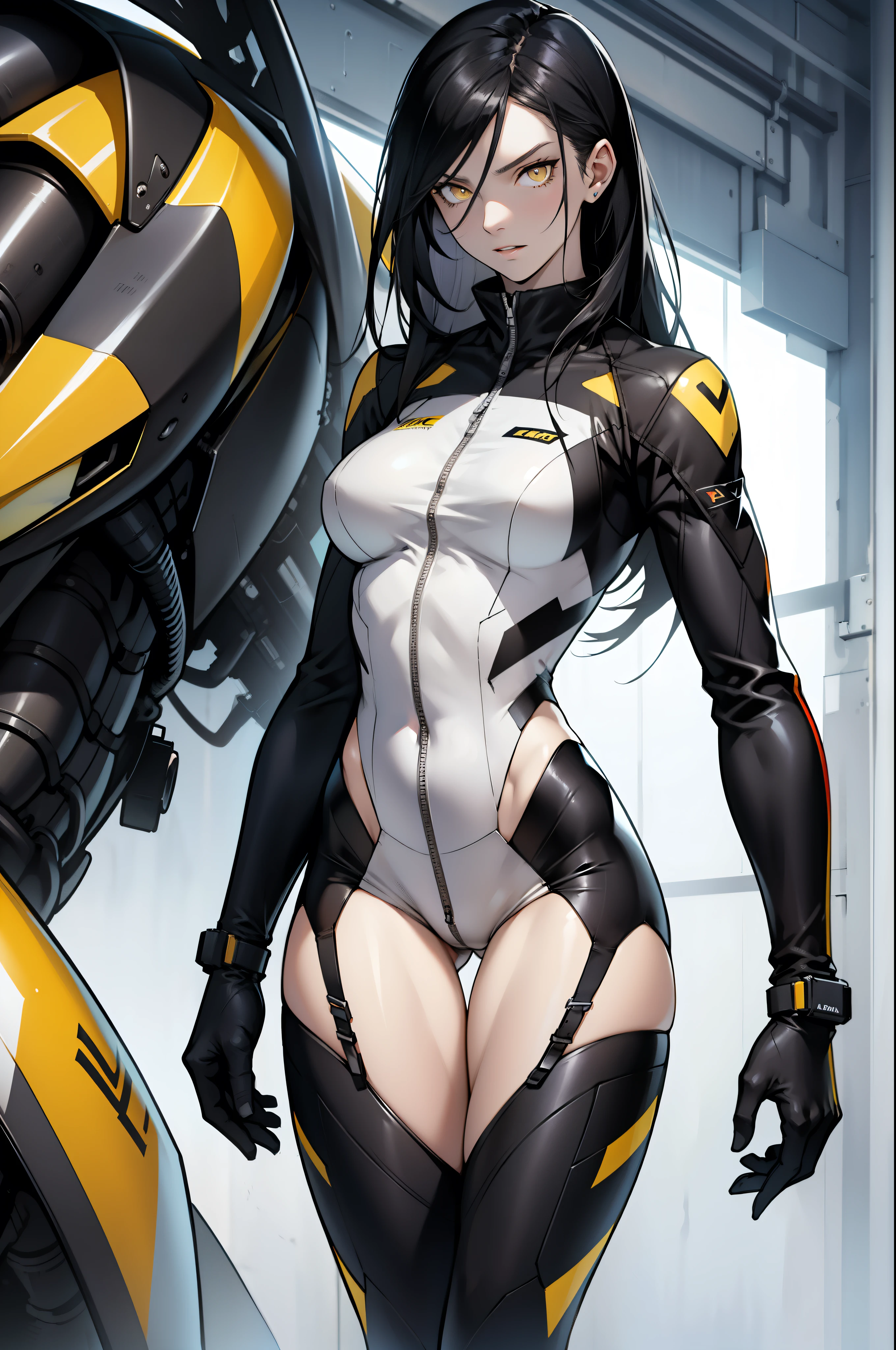 1 girl, black hair, yellow eyes, very long hair, pale skin, fit body, slender body, slim waist, large breasts, (confident expression), pilot suit, thigh gap, bare thighs,