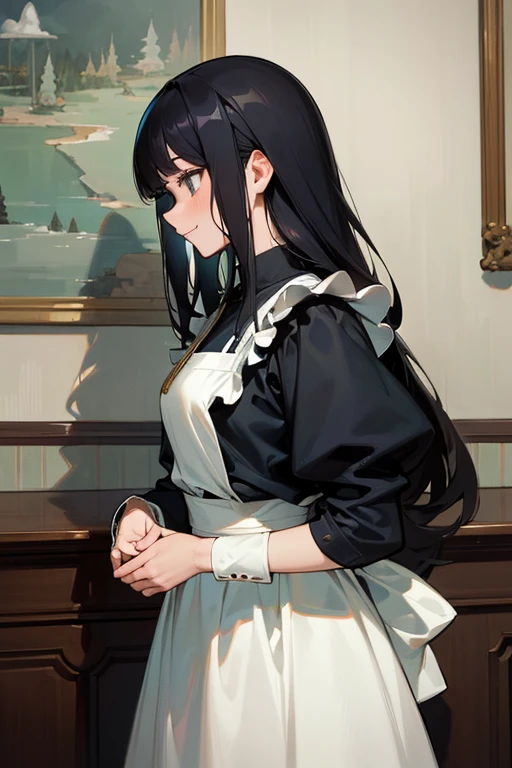 (Highest Resolution, clear_image) Highest quality, single, One Woman, alone, masterpiece, Very detailed, Semi-realistic, Black Hairのショートヘア, Black Hair, bangs, 18-year-old, mature, light blue uniform, uniform, Indoor Background, kind, Authoritative, Powerful, exquisite features, exquisite features、Eyelashes become longer、Showing teeth、smile😀、Maid clothes、Touching hair、(profile)).