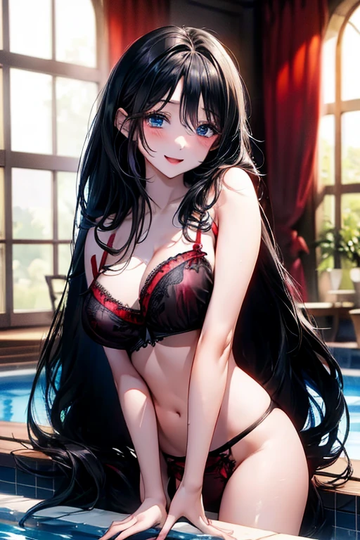 Very detailed、highest quality、Best image quality、masterpiece、8k、Anime Face、A kind smile、Open Mouth、((black long hair:1.5))、huge breast, sexy、 beautiful body 、Cowboy Shot, Sexual Intercourse, ((blue eyes)), hotel swimming pool, ((((red lingerie))))