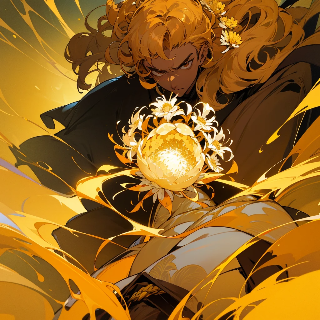 Chrysanthemum Arnold
Appearance: A powerful and tall guy with voluminous golden hair, resembling a lush chrysanthemum inflorescence. He has brown eyes and tanned skin.
Personality: Bold and decisive, always ready to fight for the truth. Able to release golden pollen, Paralyzing opponents.