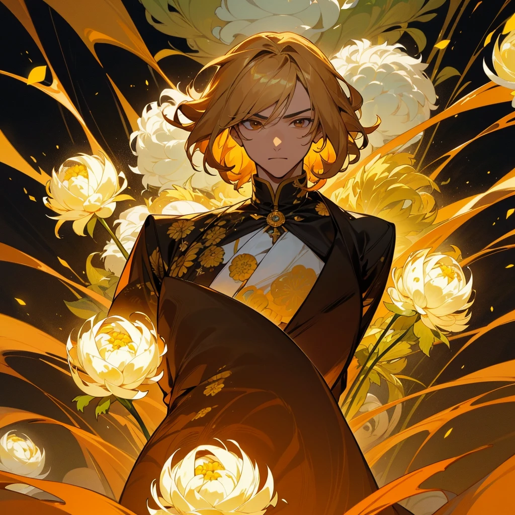 Chrysanthemum Arnold
Appearance: A powerful and tall guy with voluminous golden hair, resembling a lush chrysanthemum inflorescence. He has brown eyes and tanned skin.
Personality: Bold and decisive, always ready to fight for the truth. Able to release golden pollen, Paralyzing opponents.