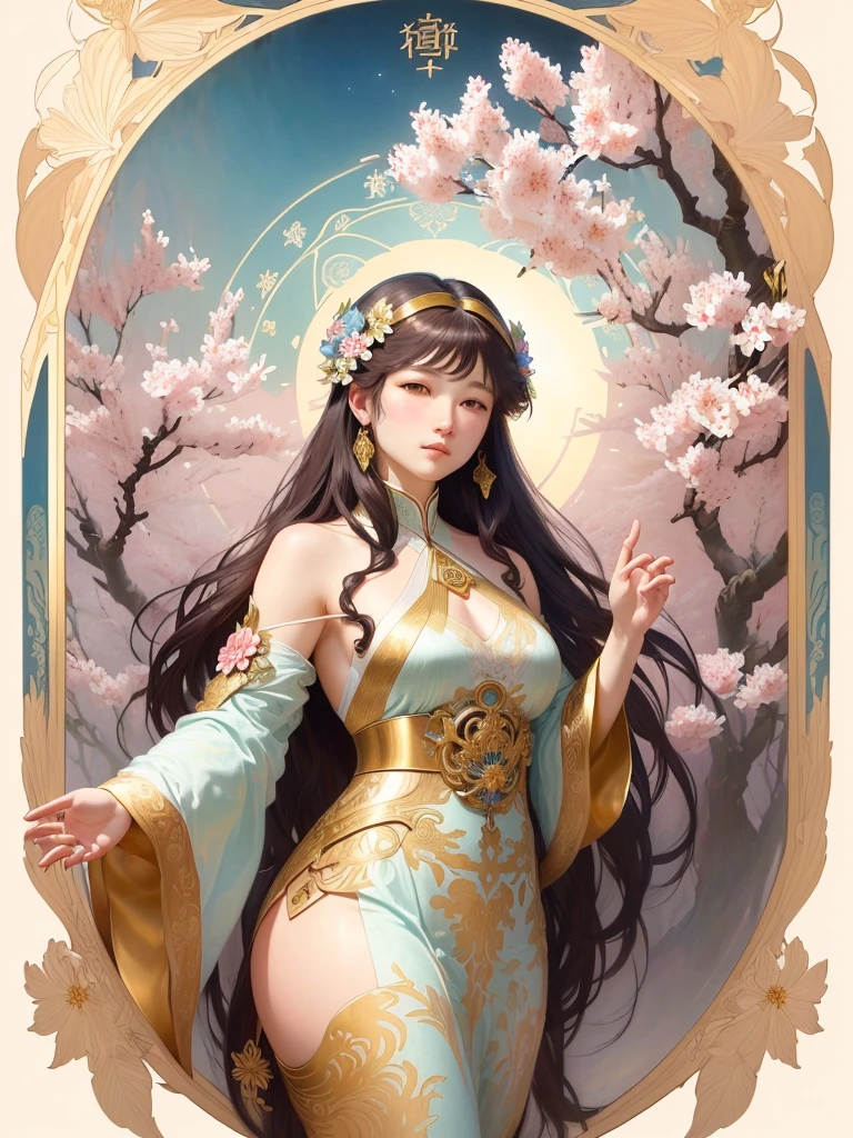 有一幅Cherry blossoms的图画,中间有朵Cherry blossoms,Cherry blossoms,Cherry blossoms,There is a close-up of a flower in the middle,With leaves and flowers, Art Nouveau植物药, Art Nouveau, Inspired by Charles Morris DeMoult, James Jean & Alphonse Mucha, Inspired by Alexandre Cabanel, Alphonse Mucha in detail, Inspired by Eugene Glaser, Art Nouveau壁纸, 受到威廉·莫里斯of inspiration, Frederick Goodall (Frederick Goodall) of inspiration