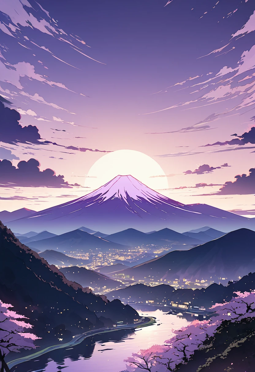 Spring is dawn。The mountains are finally turning white、A little light、The purple clouds stretched out in long, thin strips.。(Kyoto Animation Style)