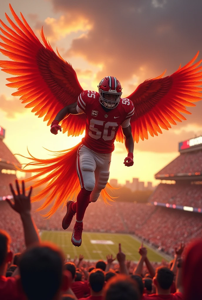 Make a red phoenix wearing a red and white football uniform