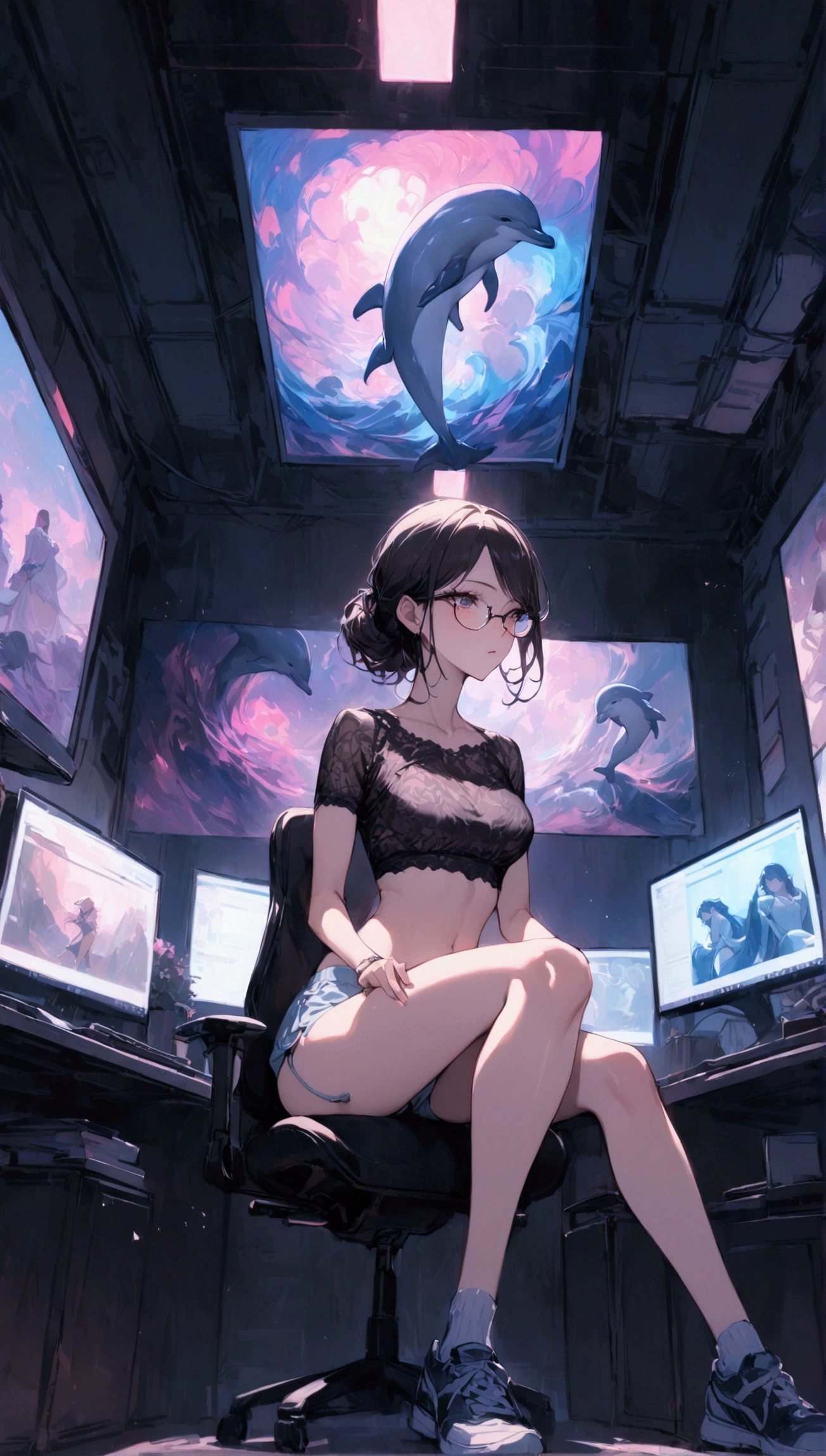 {{masterpiece}}, {{{Highest quality}}},{{Very detailed}}{{female martial artist}}, {{Very slim legs:1.2}},slim body,sit on a chair,Woman with glasses working on an illustration in the computer room,lace-patterned short sleeves blouse,dolphin shorts,Sneakers Short Socks,clavicle,computer room