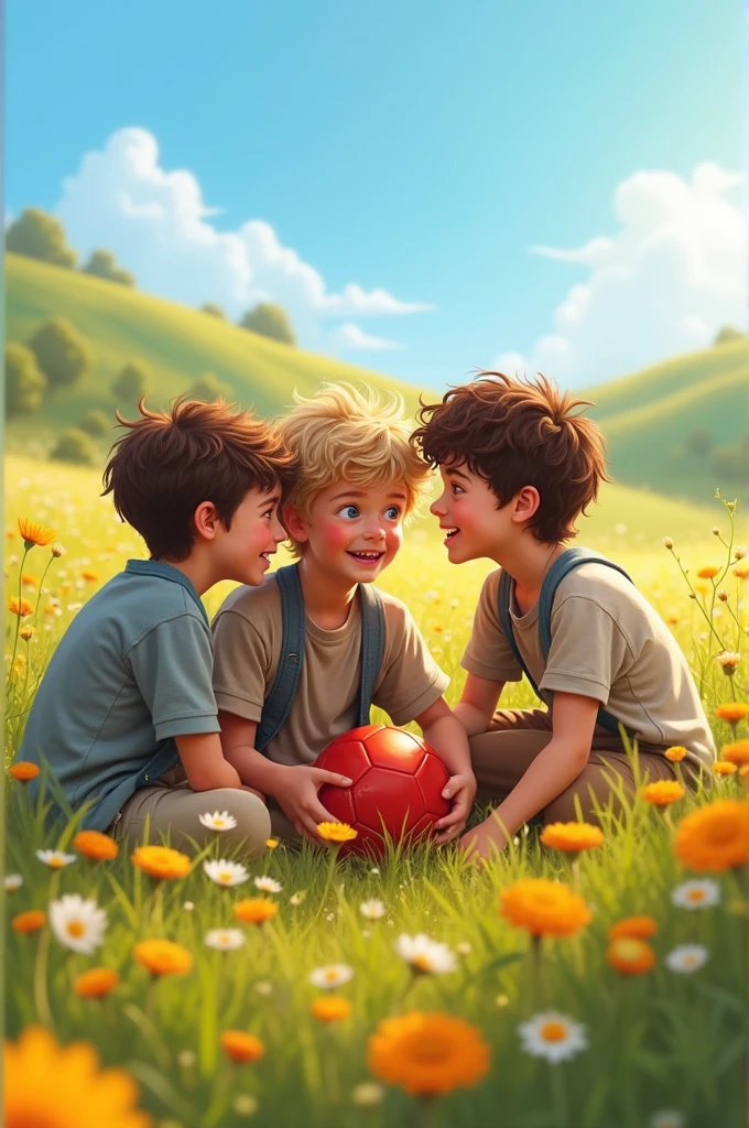 Three boys in a field. The first friend says to the second friend, 'We get money from our friend