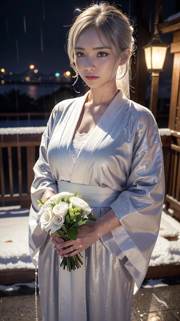 .アイドル顔、(RAW shooting, Photoreal:1.5, 8K, highest quality, masterpiece, ultra high resolution), (((heavy snow))), perfect dynamic composition:1.2, (In front of a shrine at night in a modern city, expression of sadness:0.9, Tears are flowing:0.9, cry with a broken heart:0.9), Highly detailed skin and facial textures:1.2, Slim office lady wet in the rain:1.3, cowboy shot, Fair skin:1.2, sexy beauty:1.1, perfect style:1.2, beautiful and aesthetic:1.1, very beautiful face:1.2, water droplets on the skin, (rain drips all over my body:1.2, wet body:1.2, wet hair:1.3), (Holding a wet bouquet:1.2, Wearing a wet silver kimono correctly:1.35), (Medium chest, Bra is transparent, Chest gap), (Eyes that feel beautiful eros:0.8), (Too erotic:0.9, Bewitching:0.9), necklace, earrings, bracelet