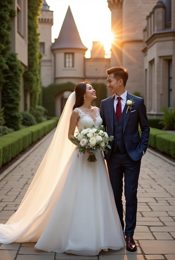 A couple held their wedding in the castle。Asian Face，the man wore a navy blue Prince of Wales check suit three-piece.，Pair a burgundy tie，shirt with French cuffs.。wearing dark brown Oxford shoes，Black socks。
The lady wore a long-tailed wedding dress，Wear a veil。Holding a white bouquet。The two laughed happily。

