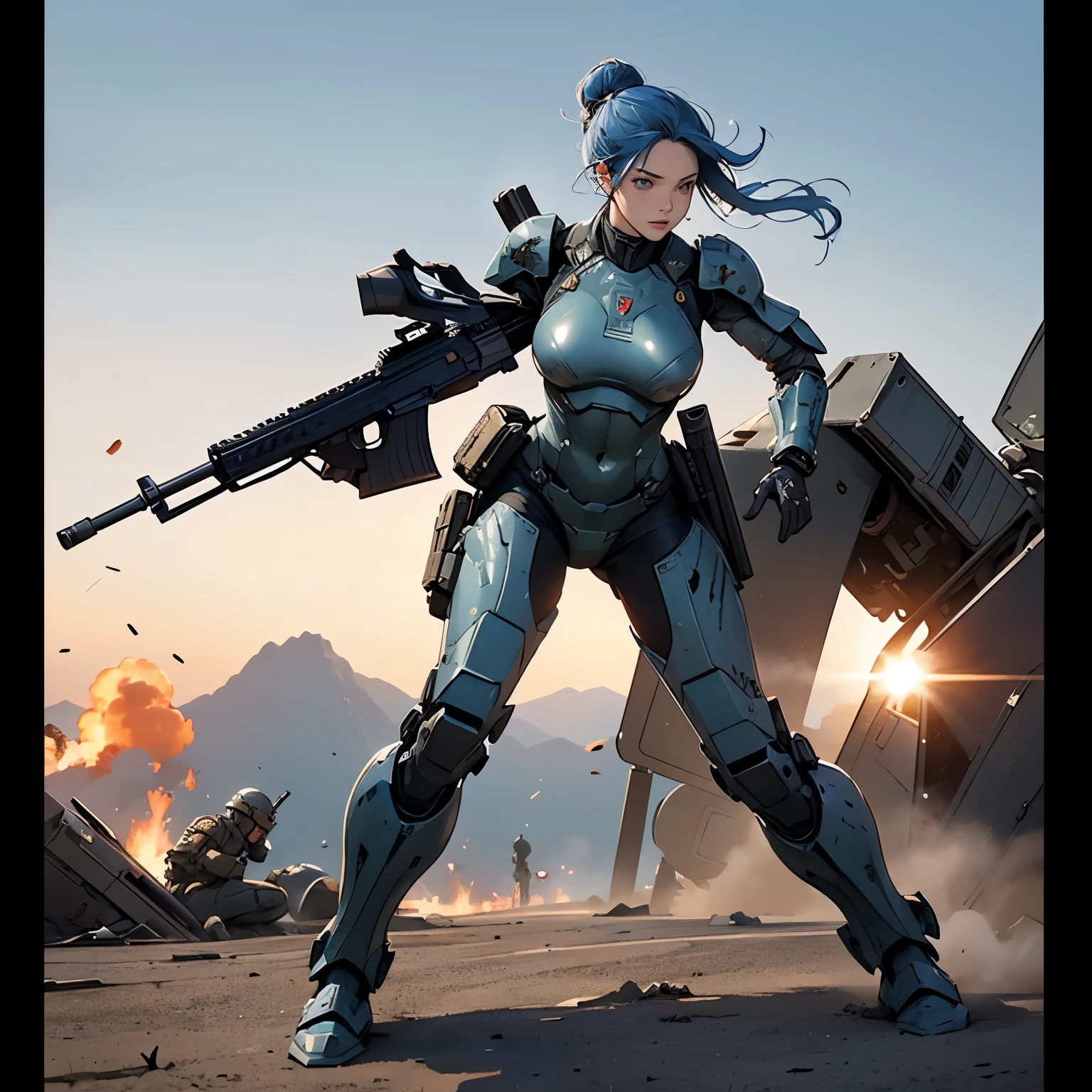 nsfw, anime screencap, 16K, perfect anatomy proportion body, perfect hands, action, A dynamic composition with a sense of speed and movement, (Hold an assault rifle:1.6), a wife, 40age, perfect beautiful delicate sexy face, perfect beautiful delicate drooping eyes, blue hair, hair bun, large breasts, abs, Camouflage-colored heavy armored steam engine full armor powered suit, Many heavily armored robot soldiers are engaged in a firefight in the background., Flying bullets, Ruined ancient city, war, Post-apocalyptic,