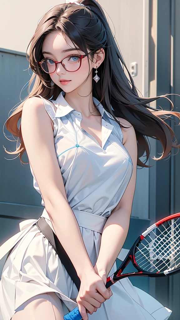 One Girl(High resolution, masterpiece, accurate, Anatomically correct), ((Landscape、Wearing glasses、A happy look、Slightly red cheeks、Holding a tennis racket))、(Hair the color of water, with ends that are fluffy、Light blue eyes)、((White shirt with a detailed pattern, sleeveless:1.20、White culottes))((Tennis court、Tennis Player))、Highest quality, Ultra high definition, High-resolution model