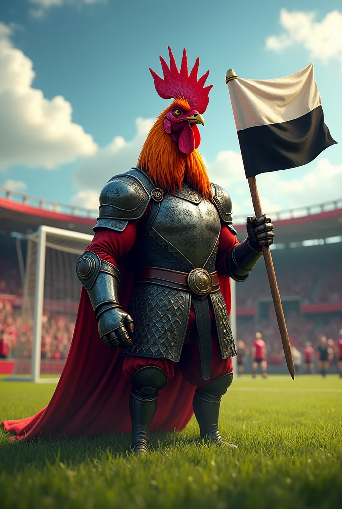 strong rooster with an evil face in a medieval outfit holding a black and white flag without drawings planted on the football field.