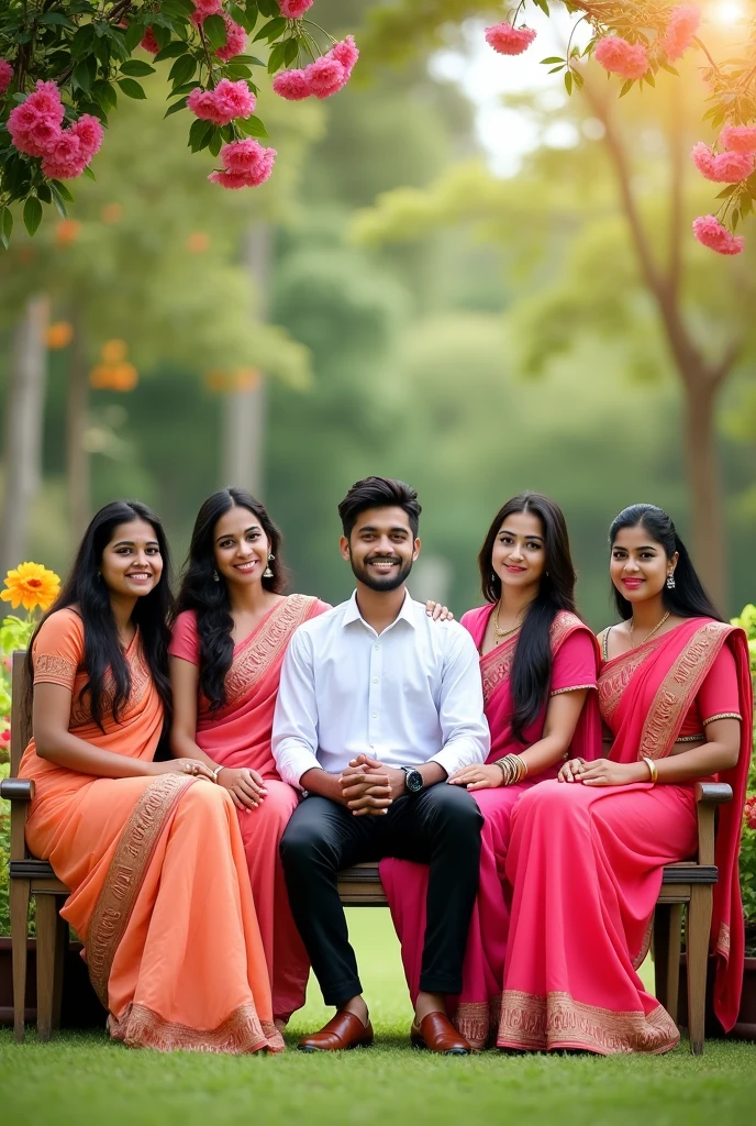 Generate a image of one brother and four big sister and one brother all are seeting on a bench in gardan, brother is seating at middle 
All sisters in saree and brother in white shirt and black pant 
write Name of four sister chitra, write Manisha,rukmin,Swati and name of brother is Pundlik on their cloths