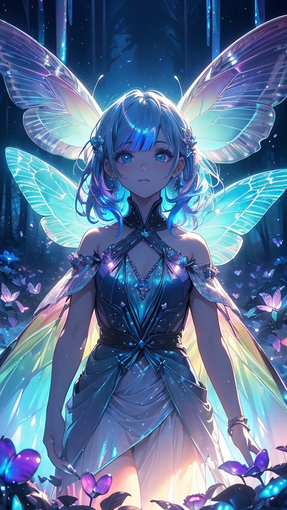 Enchanted mystical forest, neon-colored butterflies, pure blue water river spring, golden mini fairies, glowing mushrooms releasing pollen, extremely beautiful landscape, (ultra-realistic), {extremely detailed 8k CG unit wallpaper}, expansive landscape photography, (a low view that prioritizes the entire scene, (wide open field view), (low angle shot), (high light: 1.5), (low light: 1.0), (warm light source: 1.0), complex details, (iridescent colors: 1.5), (bright lighting), (atmospheric lighting), nature, magical, landscape