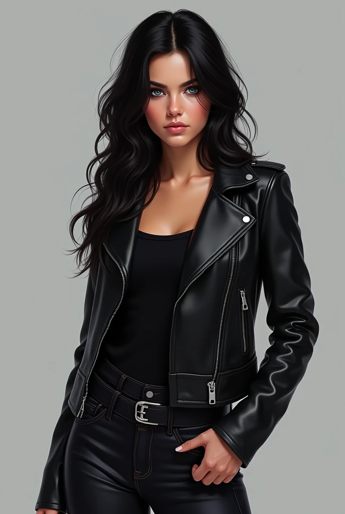 18 year old woman, silver eyes, long black wavy hair, She is dressed in a leather jacket and jeans, both in black tones., Your expression is serious and confident, Digital illustration of book characters with a solid, neutral gray background
