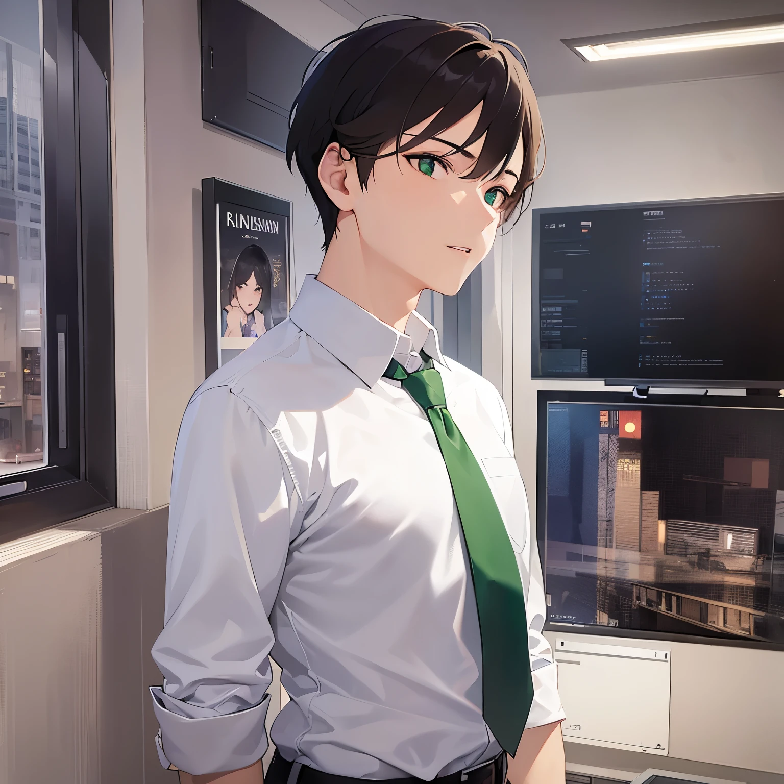 (looking away:1.5)Upper Body, Side shot、
shiny skin, masterpiece、Highest quality、
BREAK (25-year-old male:1.5) and (Brown short hair) and (Green Eyes)BREAK
BREAK (white collared shirt) and (Green tie)BREAK
serious、open mouth,The background is the conference room、(alone:1.5)