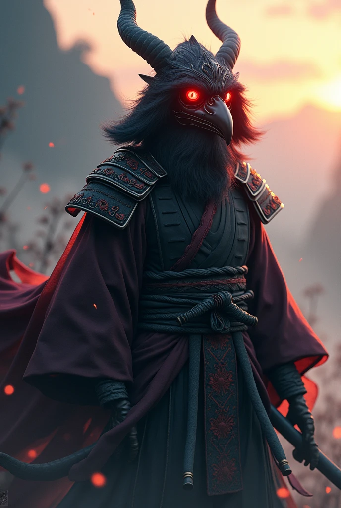 ((Selective color)), unreal engine v5.2 of a Tengu in Samurai Robe with Red Eye, smooth lines, fine art piece, Express expressions and postures through ink contrast, emphasize light, shadow and space. figurative art, (best quality, 4K, 8k, high resolution,masterpiece:1.2) ,(actual, photoactual, photo-actual:1.37).