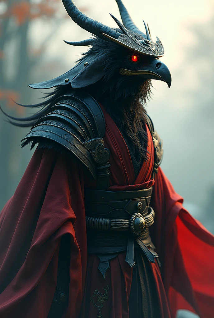 ((Selective color)), unreal engine v5.2  of a Tengu in Samurai Robe with Red Eye, smooth lines, fine art piece, Express expressions and postures through ink contrast, emphasize light, shadow and space. figurative art, (best quality, 4K, 8k, high resolution,masterpiece:1.2) ,(actual, photoactual, photo-actual:1.37). 