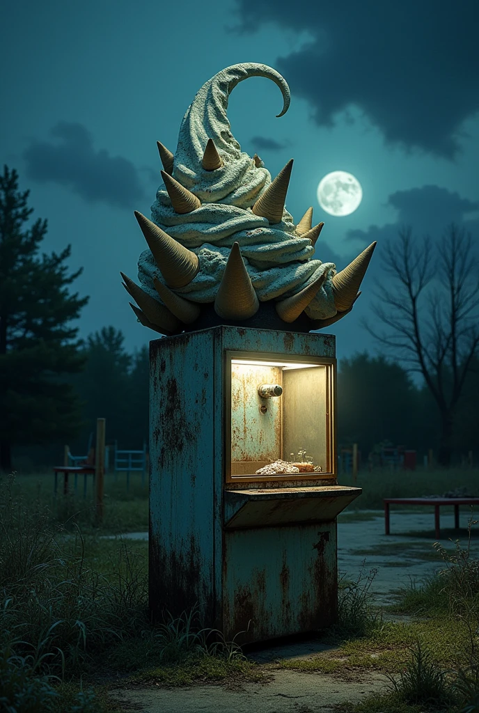 A creepy, old ice cream machine in the shape of a night in an abandoned park at night 
