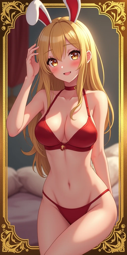 (best quality, ultra-detailed, photorealistic: 1.39), bright and vibrant colors, studio lighting, romantic expression, An effeminate girl, with a delicate and beautiful face. golden design on the edges of the image symbolizing a rare naughty bunny-girl card, with golden edges on the card, golden haired, bunny-girl, bunny ears, bold, sexy lingerie, big breasts, bold sexy panties, parted lips, seductive pose, background luxurious bedroom scenery, she is in love, anime style, Anime Bishoujo