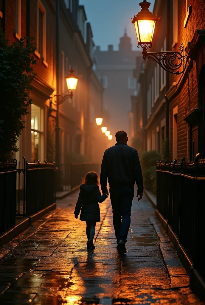 Man walking with a child seen from behind at night, in London with a winged lamp post