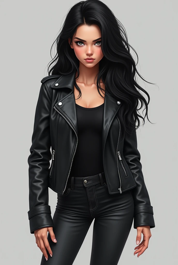 18 year old girl, silver eyes, long black wavy hair, She is dressed in a leather jacket and jeans, both in black tones., Your expression is serious and confident, Digital illustration of book characters with a solid, neutral gray background
