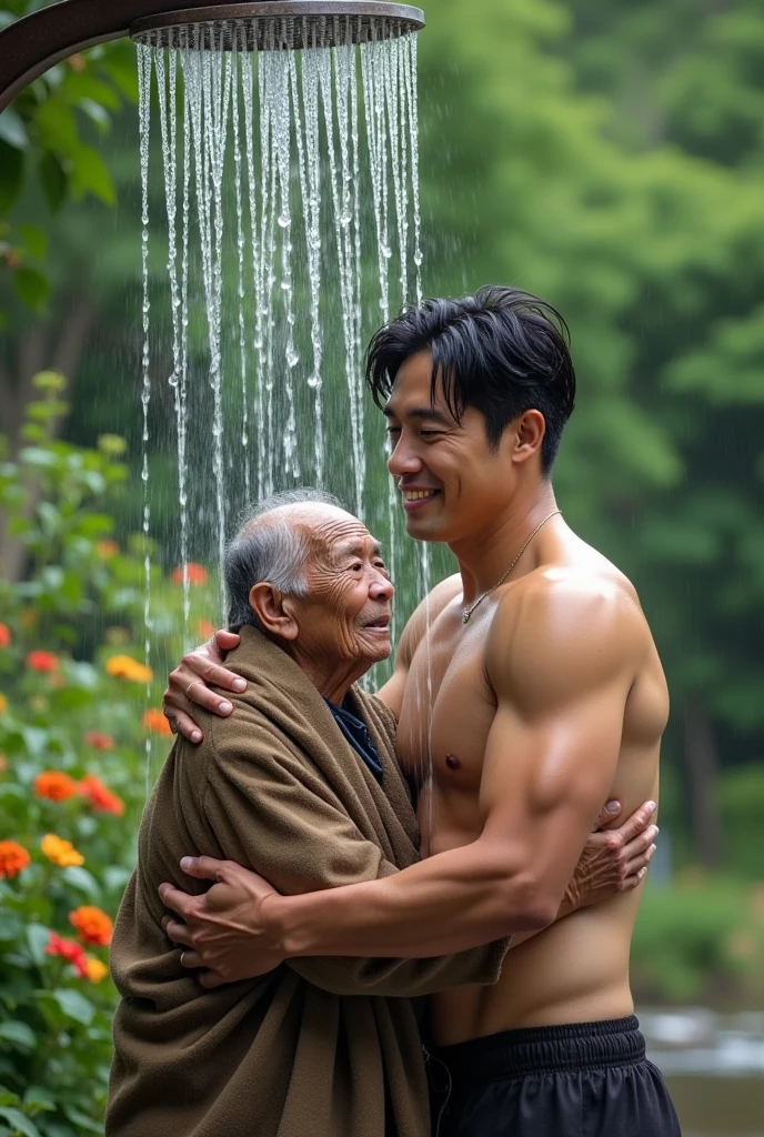 Handsome Korean guy with six-pack abs takes off his clothes and hugs an old homeless person while taking a shower