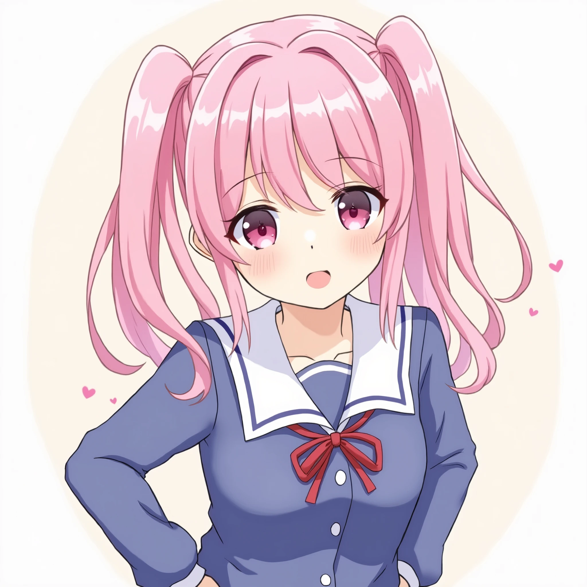 she has pink hair in twintails that reach down to her waist。There are bangs。her eyes are a deep pink and slightly upturned。Bullish。A girl with a blue high school uniform。