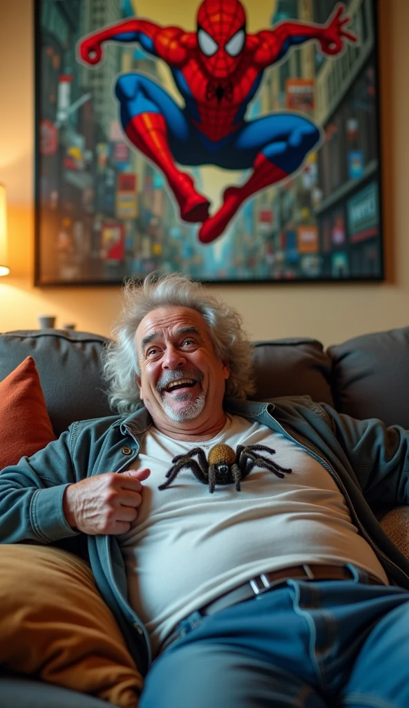 A 60 year old man lying on top of someone, A Spiderman poster hangs at the head of the bed. A spider crawls on the man's body.3D 4K sharp image
Humorous image