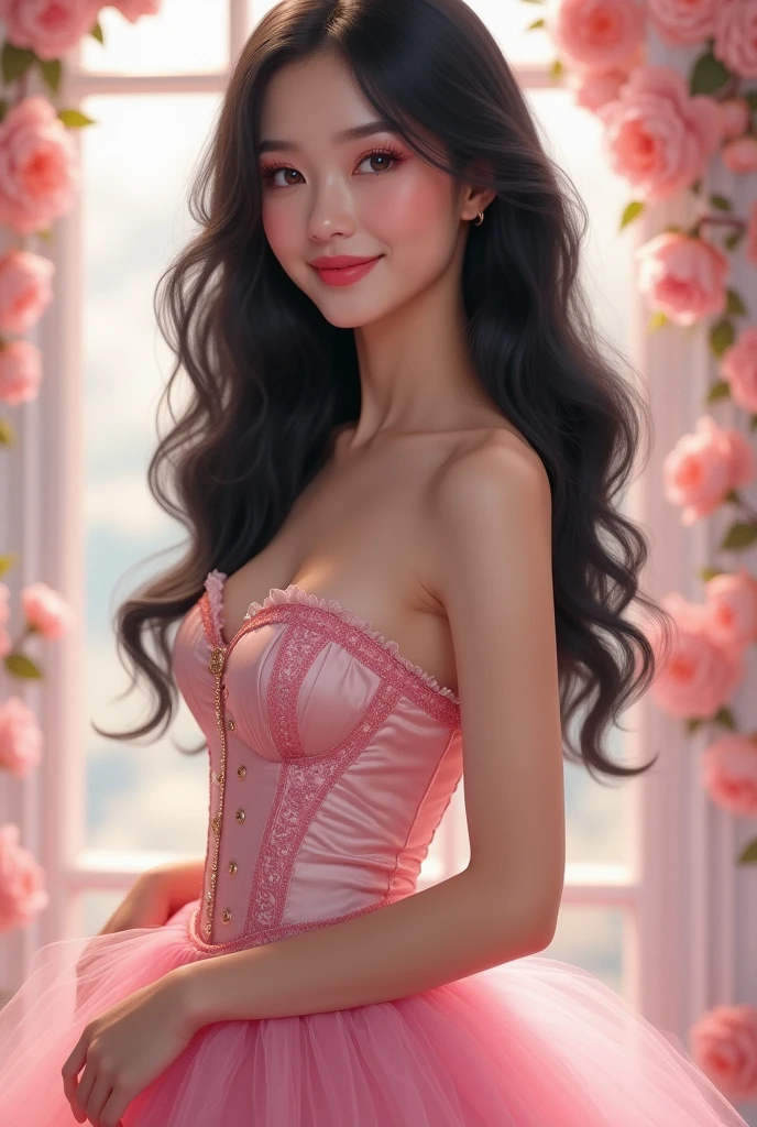 woman wearing a corset-style top with a lovely short tulle skirt underneath, hair in tight waves, charming pink makeup, elegant, beautiful smile, stunning look, pretty face, shades of pink for her eyeshadow, blush, and lip color, masterpiece, photo-realistic, super detail, black long hair