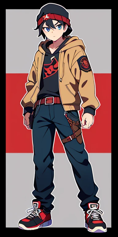 Full body, beautiful eyes , 1 boy  , full body , cute boy , anime style , handsome eyes  , (standing up) ,boy, (Gang Members usually have a rugged, rebellious look. They often wear dark, tattered clothing, bandanas, or hooded jackets. Their attire may also include symbols or emblems that represent their gang allegiance. They carry their Poké Balls in a haphazard manner, often clipped to their belts or hidden within their clothing.) 