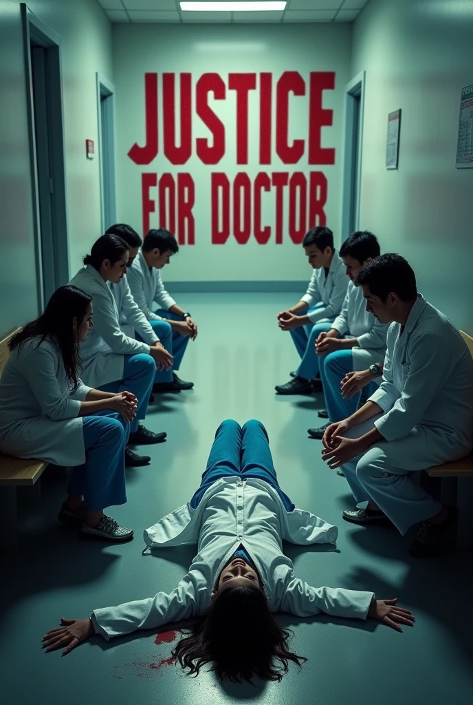 A tragic scene with a female doctor lying on the ground, having been murdered. Surrounding her, other doctors are sitting, visibly saddened and mourning her loss. In the background, the words 'Justice For Doctor' are boldly written in large, impactful letters, emphasizing the gravity of the situation