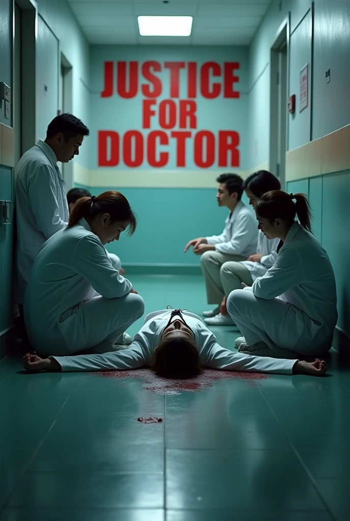 A tragic scene with a female doctor lying on the ground, having been murdered. Surrounding her, other doctors are sitting, visibly saddened and mourning her loss. In the background, the words 'Justice For Doctor' are boldly written in large, impactful letters, emphasizing the gravity of the situation
