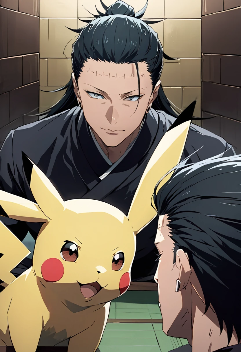 (masterpiece, best quality),Scene where getou suguru(from jujutsu kaisen,black long hair) and pikachu face off,